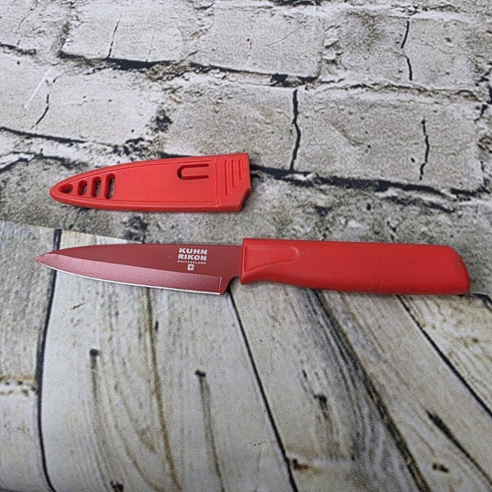 Kuhn Rikon Switzerland  4 Inch Pairing Knife With Sheath Red SS Blade